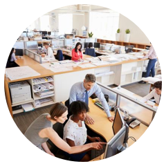 Employees working together in an office building