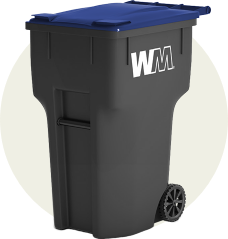 Gray WM residential toter trash container with blue lid