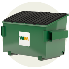 Green WM commercial trash dumpster with black lid.